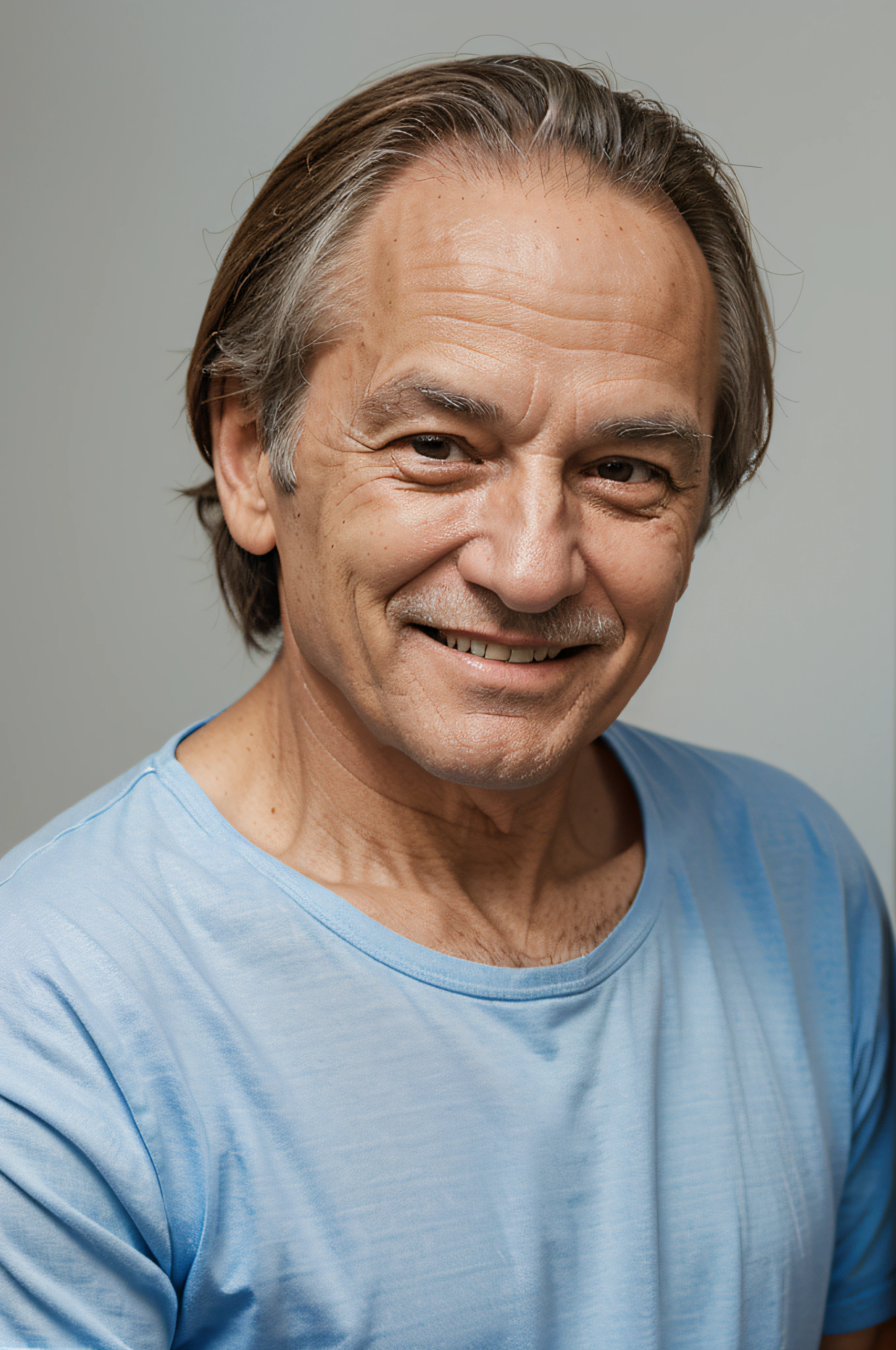 Create an image of an elderly man smiling from the front with blue shirt and white background in high resolution