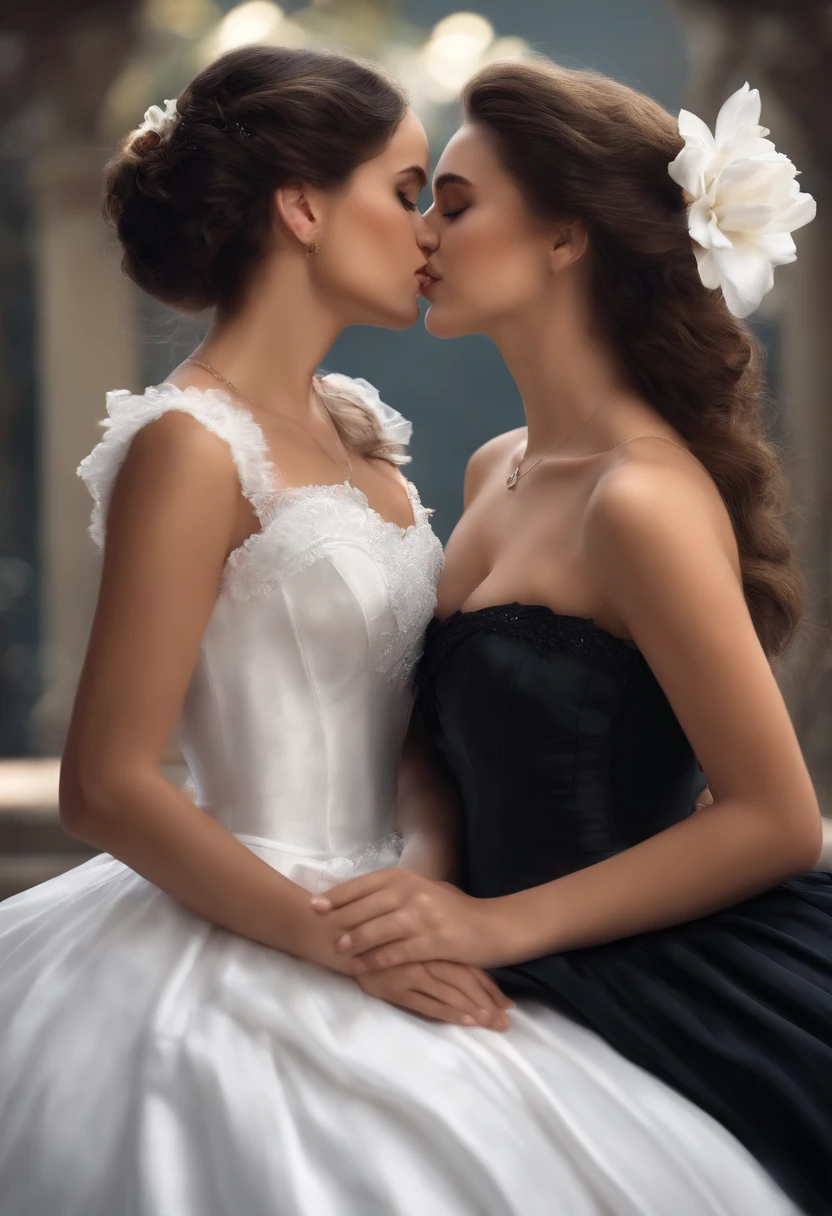 girls loving each other, about to kiss, realistic, maid white and black dress