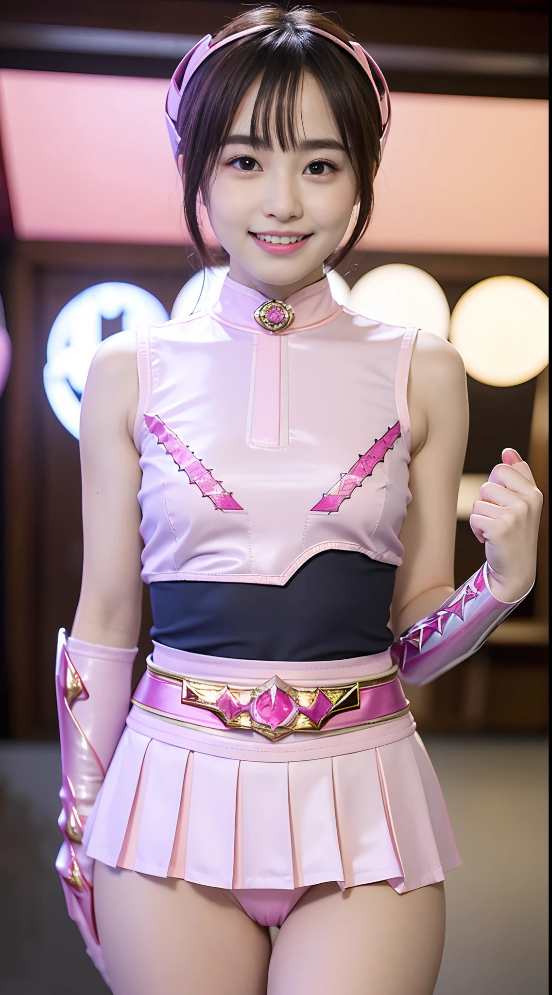 a closeup, masterpiece, top-quality, FULL ANATOMY、Raw foto, Photorealsitic、(Cute little face:1.7)、(Very cute smile:1.8)、(with round face:1.8)、(She has a cute face like an idol、double tooth:1.3), A dark-haired、(Pink Ranger:2), depth of fields, hight resolution, ultra-detailliert, finely detail, ighly detailed, extremely detailed eye and face, Realistic pupils, foco nítido, Cinematic lighting、Big Bust、19-year-old woman、One lady、sexy pose、 bob cuts、Curly hair、Patsun bangs、Very detailed 8k wallpaper、(Plaid pleated skirt)、Show me your whole body、is standing、Angle from below、(Thigh close-up、nice figure、big breasts thin waist、Kubire、Cameltoe)、depth of fields、Bokeh in the background