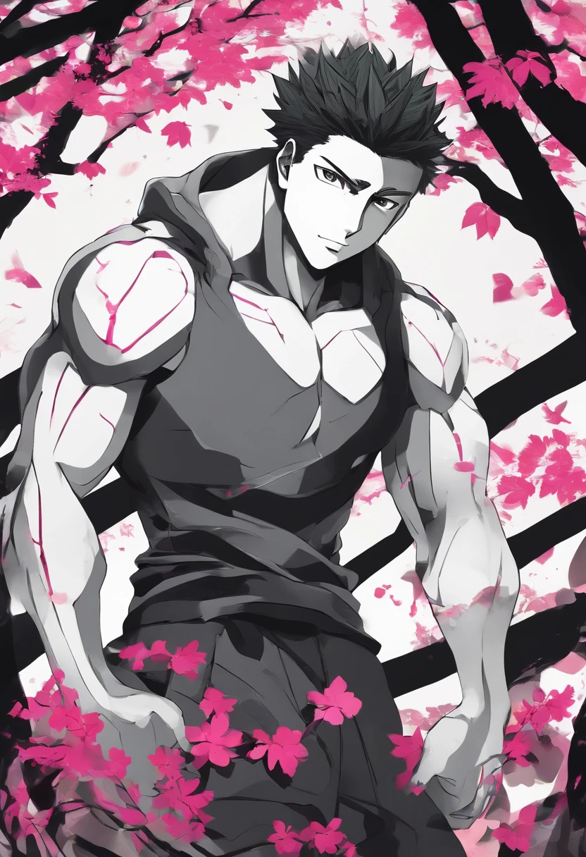 personagem masculino com cabelo longe preto olhos pretos corpo musculos 14 anos roupa toda preta na floresta