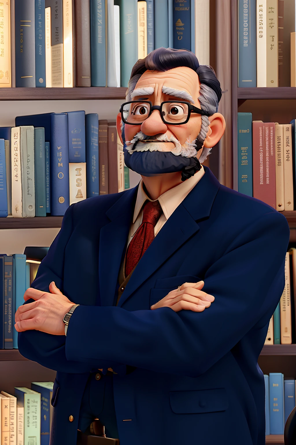 A wise old man standing in front, illuminated by the light of a lamp, against the backdrop of a library