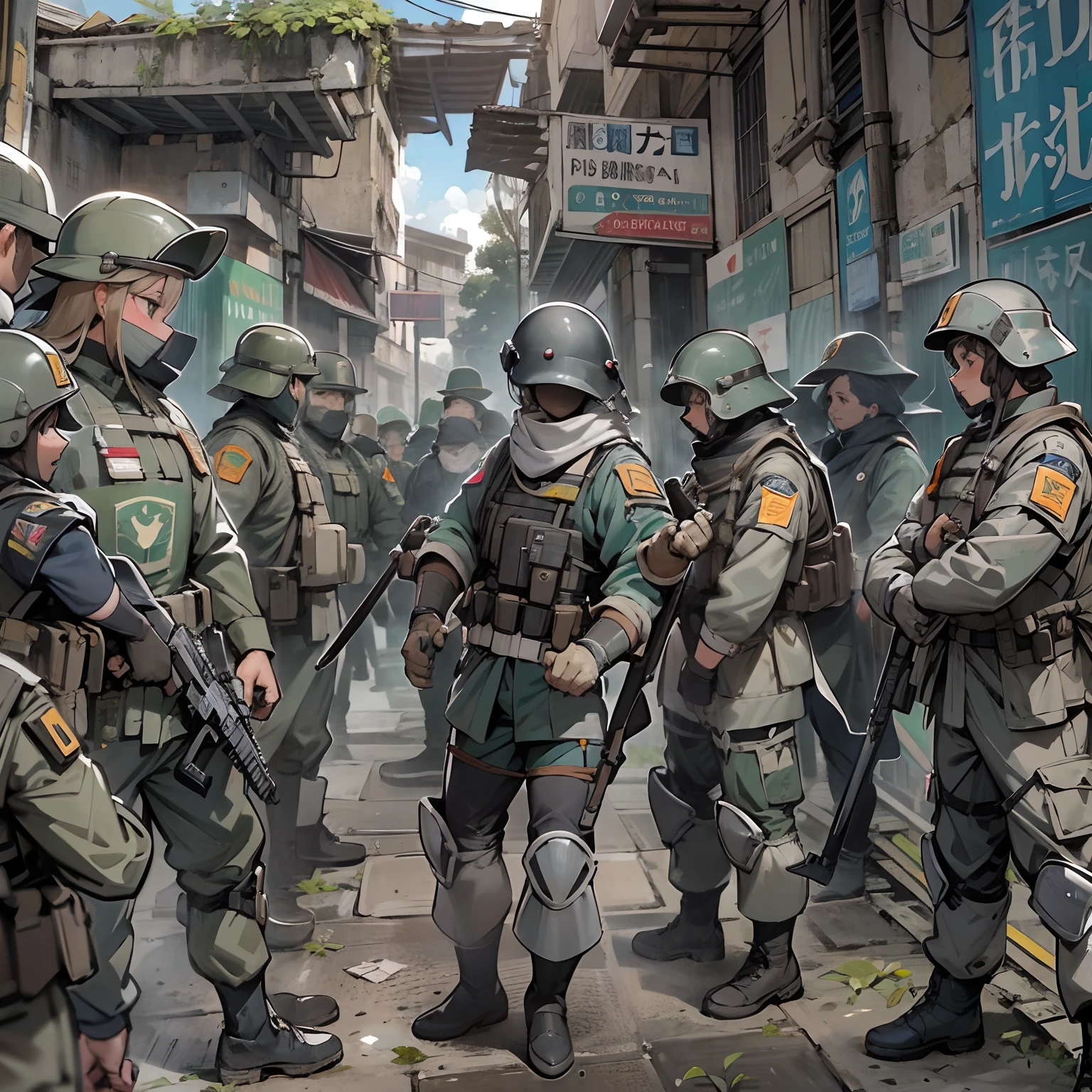 Ultimo bastion de defensa de la humanidad,Poderosa fortaleza,High-tech defense systems,fuerte, Muros resilientes,barrera impenetrable,Guardias vigilantes,Armamento avanzado,Elite Soldiers,On High Alert,Listo para luchar,Rostros ansiosos,Centro de comando,actividad bulliciosa,Alarmas de emergencia a todo volumen,Hombres y mujeres en uniforme,Dressed in tactical gear,Laser Cannons,Fusiles de alto poder,Spotlights scanning the horizon,futuristic tech,Arquitectura impresionante,Estructura monumental,Paredes imponentes,Steel & Concrete,Energy Shields,Campos de fuerza que protegen la entrada,Puntos de control de seguridad,humanos reunidos,Fighting a Common Enemy,determinado,Frente Unido,Determined Leaders,Strategic Planning,Contramedidas,Calculation of quotas,Derrotando a la oscuridad,sangre, sudar, and tears,Sacrifices made for the common good,Restos de batallas libradas,Damaged walls,Soldados heridos,Resilient spirit,Rayo de esperanza,Recite to Survive,estandarte ondeando en el viento,Celebraciones de la victoria,Cheers of triumph,Orgullo en la defensa de la humanidad,Ultimate symbol of strength and perseverance.