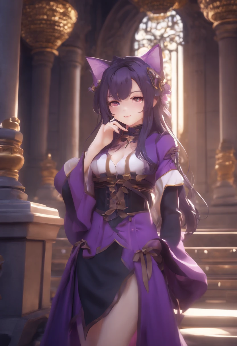 anime girl, purple cat ears, long hair, beautiful clothes, guvez style, 4k clarity, cgstation pop, antique architecture, seductive girl, attractive, genshin keru, anime style, 8K, Beautiful anime woman, Girl Front.