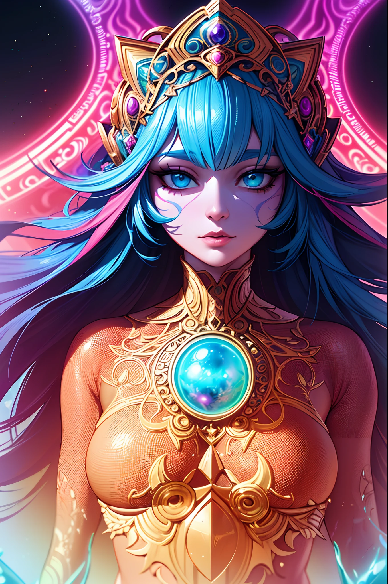 a woman with a colorful mask and elaborate hair, psytrance artwork, psychedelic goddess, visionary art style, psytrance, portrait of a cosmic goddess, dmt goddess, artgerm julie bell beeple, dan mumford and alex grey style, hyper - detailed visionary art, digital visionary art, a stunning portrait of a goddess, extremely detailed goddess shot