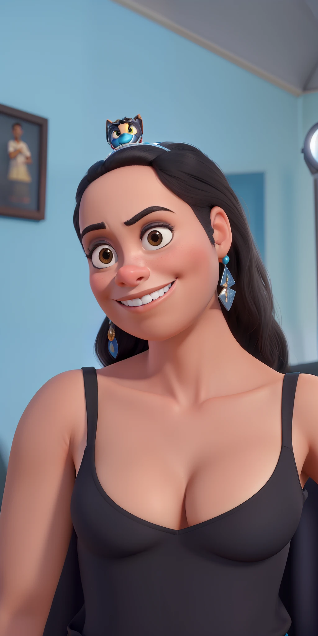 jovem negra clara pele tom amadeirado estilo 3d pixar disney, rosto arredondado levemente pontiagudo