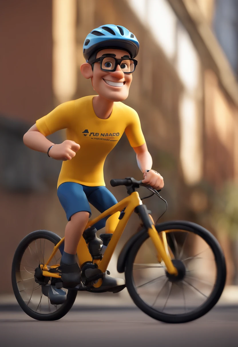 Cartoon character of a man wearing black glasses and a yellow cyclist shirt, bike de moutain bike, capacete de bike, um personagem animado, Caractere estilizado, animation style rendering, 3D estilizado, Arnold Maya render, 3 d render stylized, toon render keyshot, Personagem 3D, Personagem 3D, 3d rendering stylized, 3 d character render, personagem de desenho animado, Personagem de close up, Pose de personagem, (Estilo Pixar) (master part:1.2) (Bokeh) (best quality) (pele detalhada) (textura detalhada) (8k) (argila) (Cinematic lighting) (foco nítido,Senta e vaza a parte superior do corpo