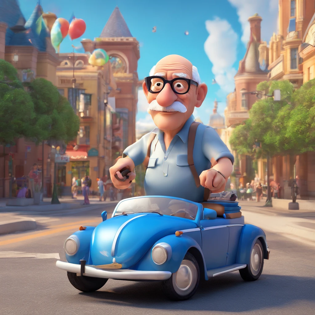 Generate a Disney Pixar style image of an elderly man, bald, square glasses, white beard with a little mustache, dressed in jeans and a rock band t-shirt next to a blue Beetle with the image of a city in the background