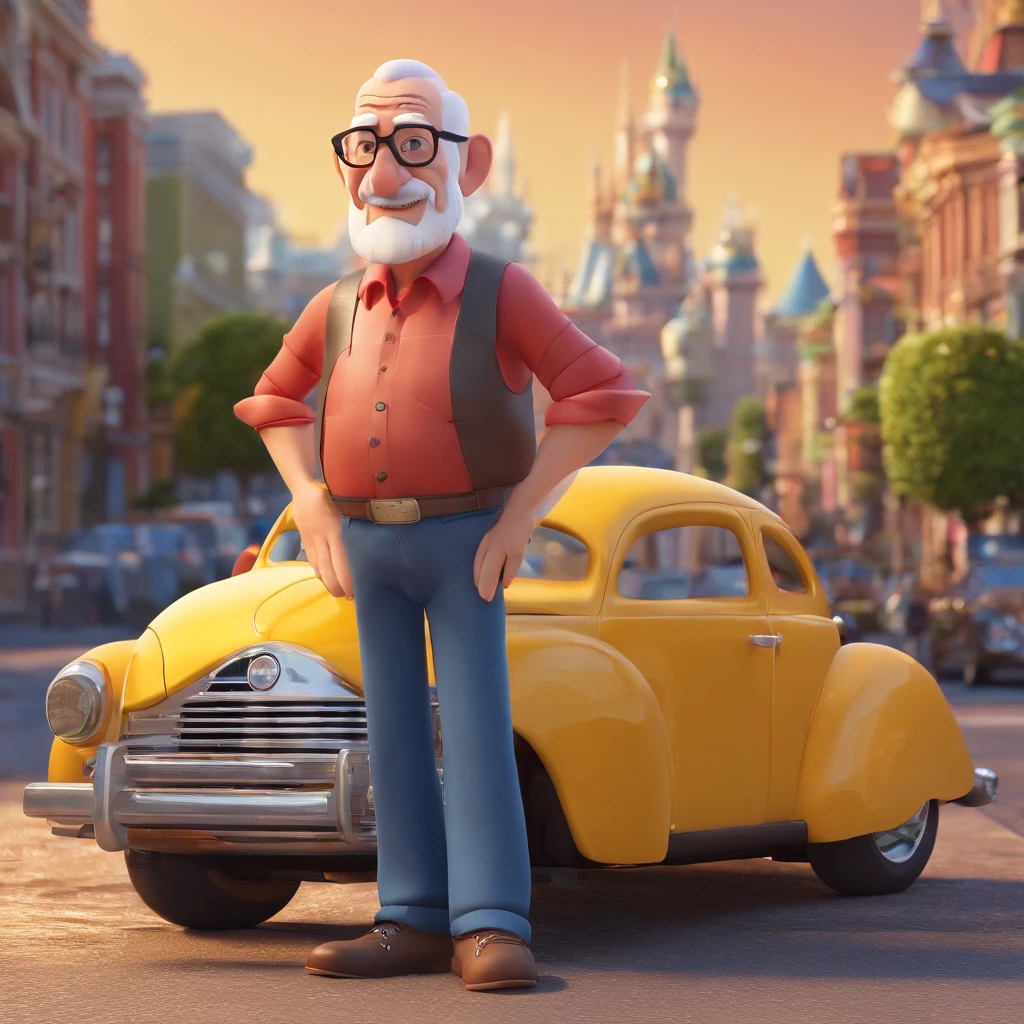 Generate a Disney Pixar style image of an elderly man, bald, square glasses, white beard with a little mustache, dressed in jeans and a rock band t-shirt next to a blue Beetle with the image of a city in the background