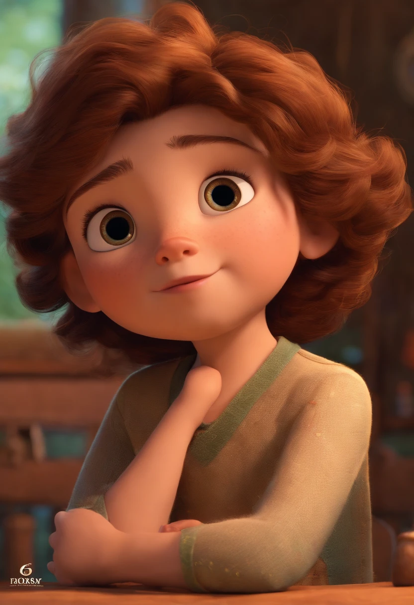 Child with brown eyes and hair short white tall round face from pixar
