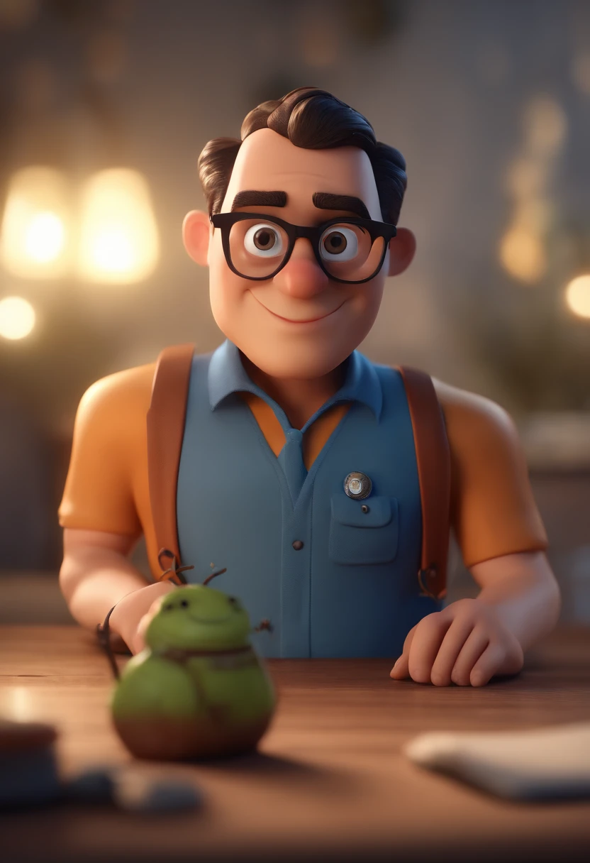 Cartoon character of a man with black glasses and a blue shirt, animation character, Caractere estilizado, animation style rendering, 3D estilizado, Arnold Maya render, 3 d render stylized, toon render keyshot, Personagem 3D, Personagem 3D, 3d rendering stylized, 3 d character render, personagem de desenho animado, Personagem de close up, Pose de personagem,  (Estilo Pixar) (master part:1.2) (Bokeh) (best quality) (pele detalhada) (textura detalhada) (8k) (argila) (Cinematic lighting) (foco nítido