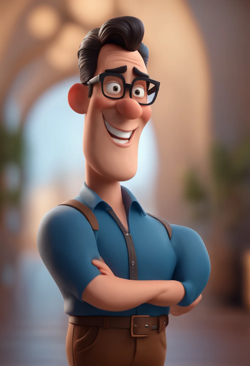 Cartoon character of a man with black glasses and a blue shirt, animation character, Caractere estilizado, animation style rendering, 3D estilizado, Arnold Maya render, 3 d render stylized, toon render keyshot, Personagem 3D, Personagem 3D, 3d rendering stylized, 3 d character render, personagem de desenho animado, Personagem de close up, Pose de personagem,  (Estilo Pixar) (master part:1.2) (Bokeh) (best quality) (pele detalhada) (textura detalhada) (8k) (argila) (Cinematic lighting) (foco nítido