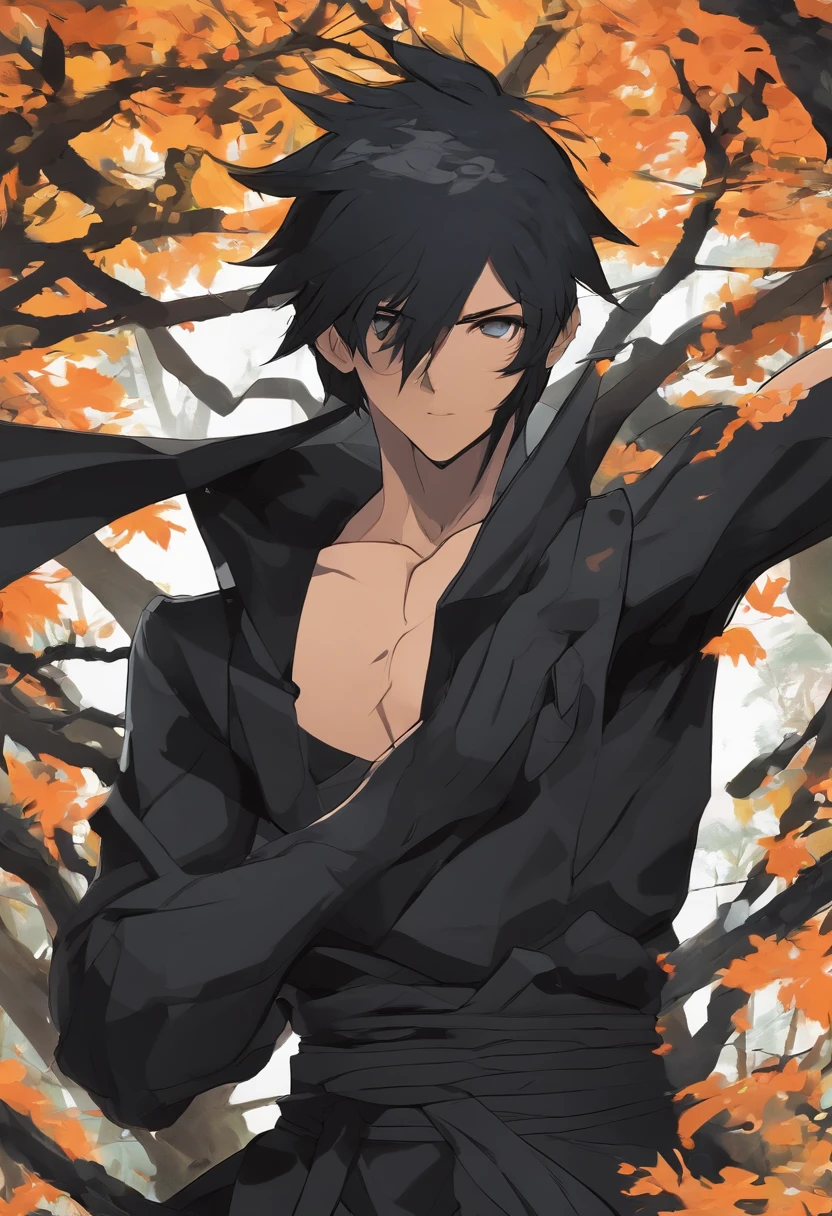Male character with far black hair, black eyes, body, muscles, 14 years old, all black outfit in the forest, he is ninja type