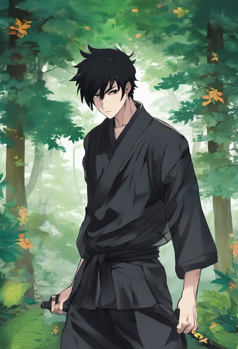 Male character with far black hair, black eyes, body, muscles, 14 years old, all black outfit in the forest, he is ninja type