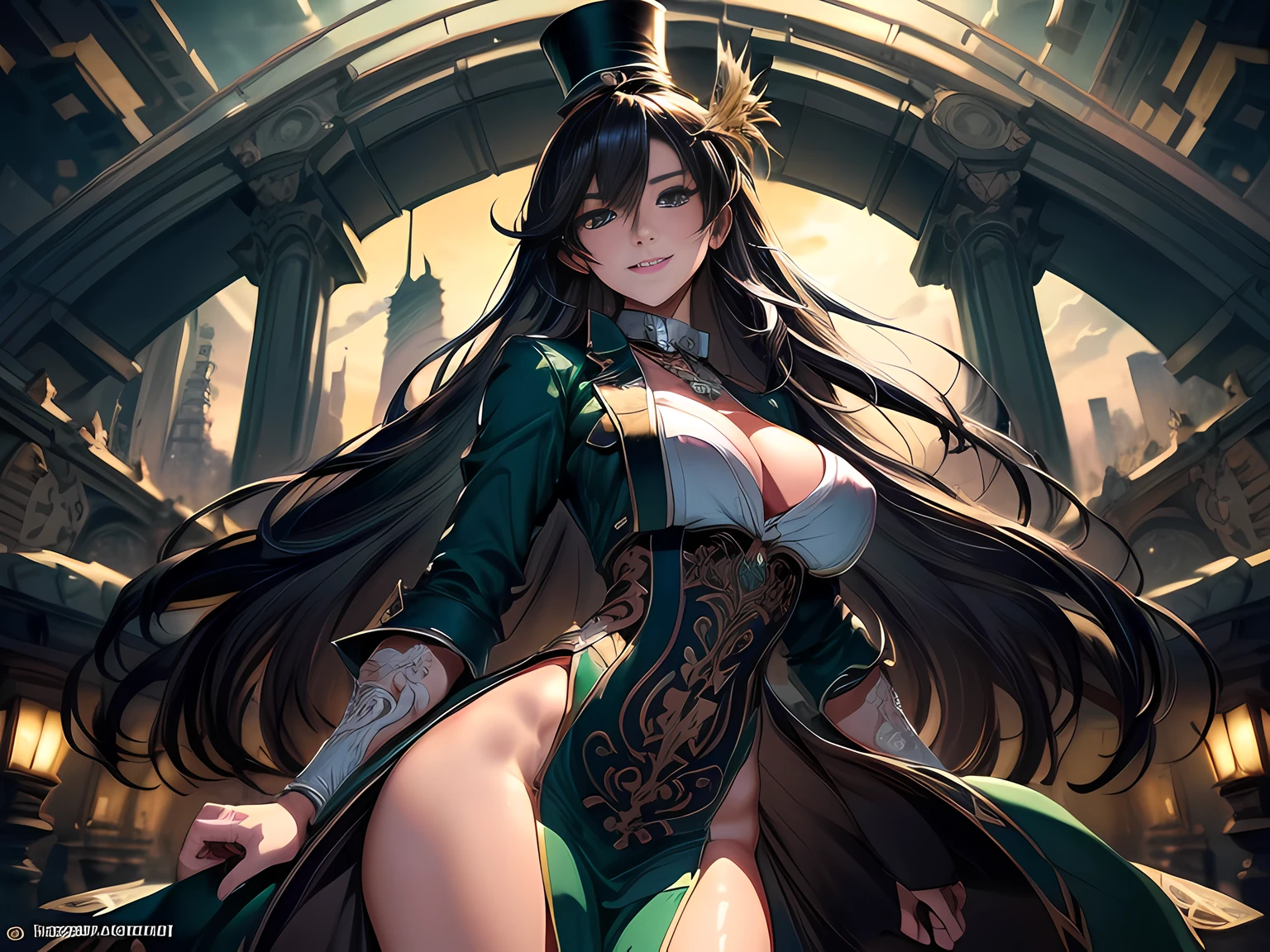 8k_wallpaper, extremely detailed eyes, extremely detailed body, (large masterpiece digital art), (detailed manga illustration), (detailed line art), ((perfect anatomy)), (intricate details:1.3), (ultra-detailed:1.3), (illustration:1.3), (sharp focus:1.3), (natural lighting:1.05), (vivid colors:1.3), (masterpiece), (best quality:1.4), (perfect anatomy:1.4), high quality, expressive eyes, full body, detailed face, beautiful face, perfect face, 1girl, tan skin, smile, breasts, solo, black hair, large breasts, curvy, wide hips, long hair, ((green eyes)), grin, collar, dynamic pose, hair over eye, regal outfit, formal, tiny top hat, (cityscape background),