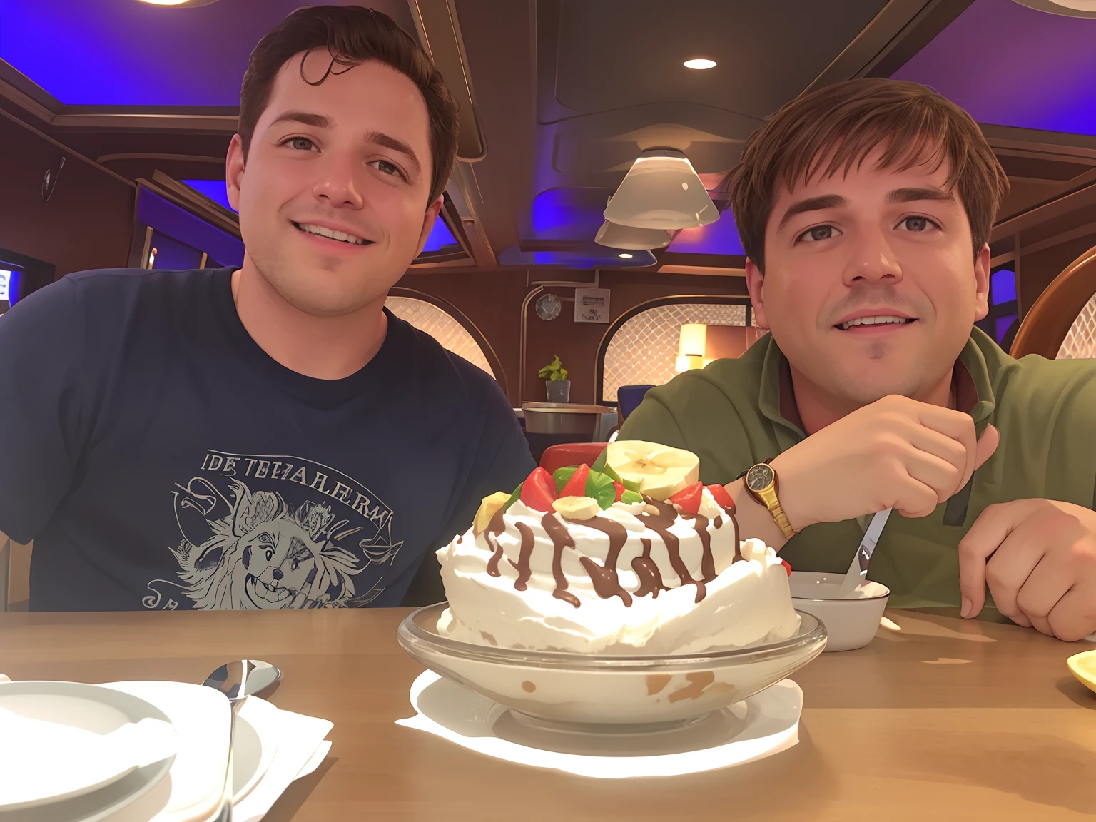 There are two men sitting at a table with a split banana, sobremesa, estilo fantasia disney, vacation photo, sorvete ao lado, por Randy Post, comer sorvete, comer sorvete - creme, fatia da vida, por Dan Content, no navio, Comer, Directed by: Dennis Flanders, Directed by: Derek Zabrocki, Directed by: Scott M. Fischer, Familiar, postprocessed