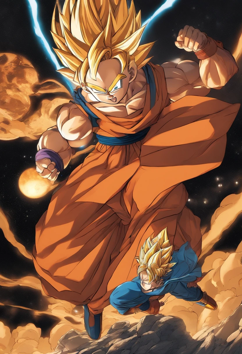 (manga cover:), estilo de desenho a caneta, HD 8K, enredo rico, fundo intrincado, ricos detalhes dos personagens, Imagens de Dragon Ball, High-level perspective, cena noturna de neon, atmosfera rica, Summer noon, forte tridimensionalidade, vivid character expressions, vivid character shapes, Detalhes perfeitos da cena, and the overall style is strong and vibrant.