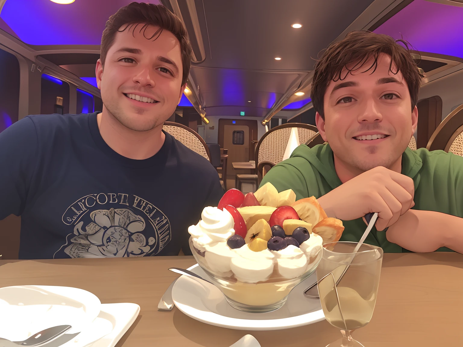 There are two men sitting at a table with a split banana, sobremesa, estilo fantasia disney, vacation photo, sorvete ao lado, por Randy Post, comer sorvete, comer sorvete - creme, fatia da vida, por Dan Content, no navio, Comer, Directed by: Dennis Flanders, Directed by: Derek Zabrocki, Directed by: Scott M. Fischer, Familiar, postprocessed