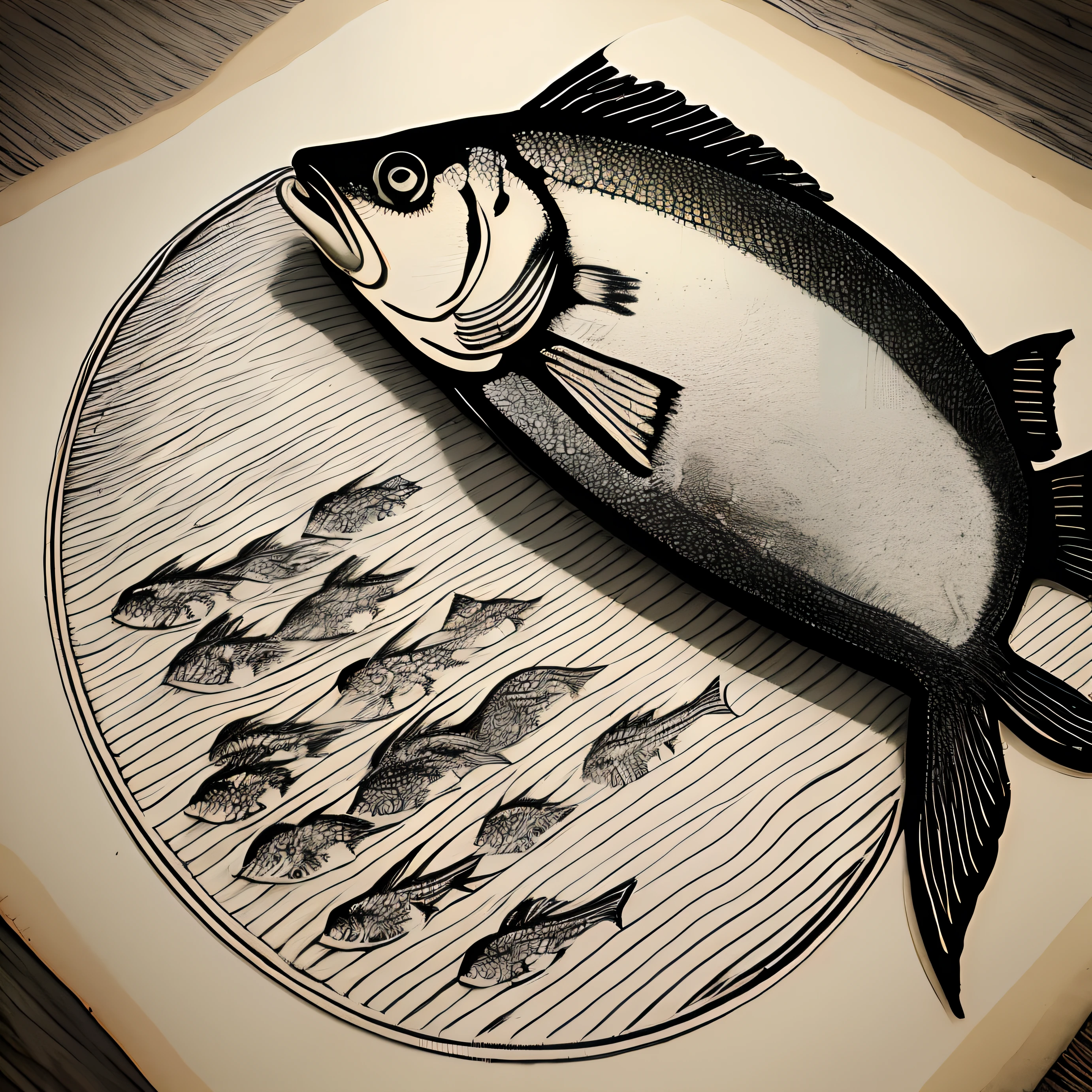Crie uma imagem em preto e branco, with few strokes and details, in the woodblock print style of Jesus and the miracle of the multiplication of the fish