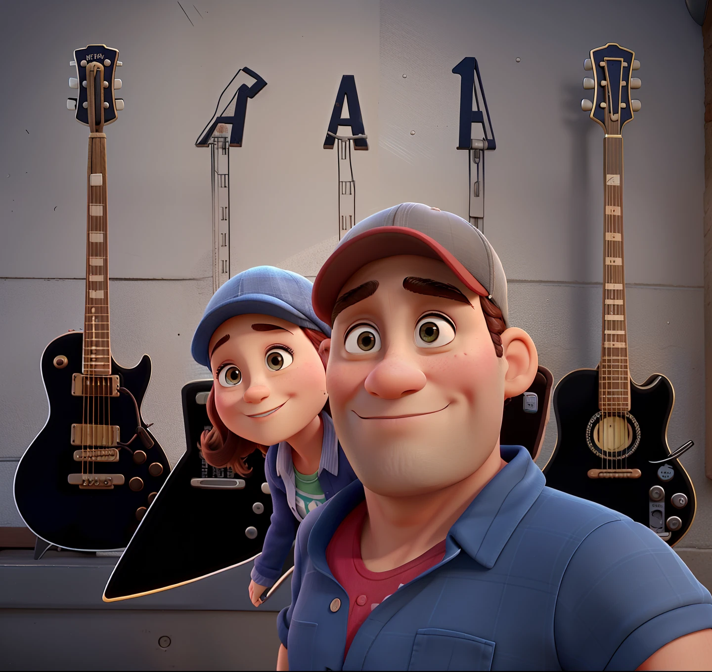 A 40-year-old woman without a cap,and a 43-year-old man wearing a cap,romantic couple, igual aos filmes Disney Pixar 3D