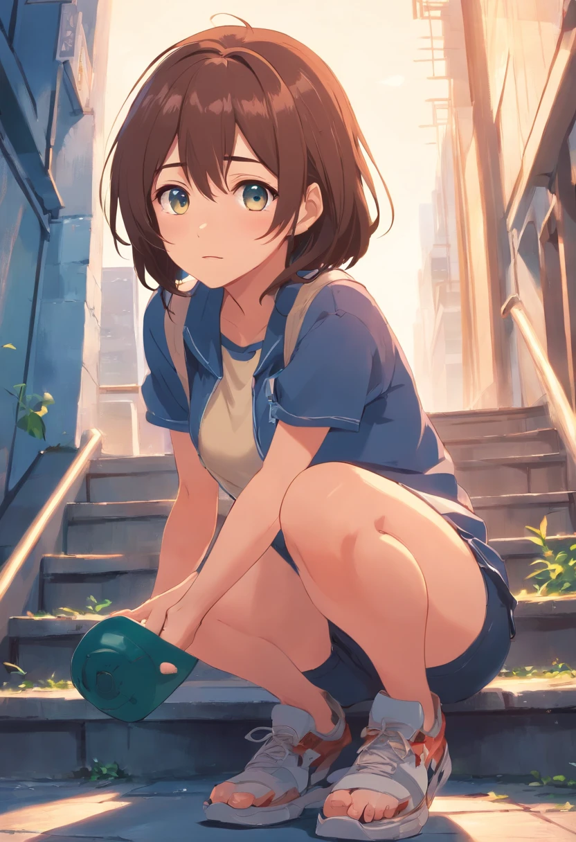 girl, Brown hair, Medium hair, Sailor suit, (Naked:1.1), Nipples (Blushing:1.0), Detailed face, Roadside, POV crouching，Expose the inside of your legs，Naked