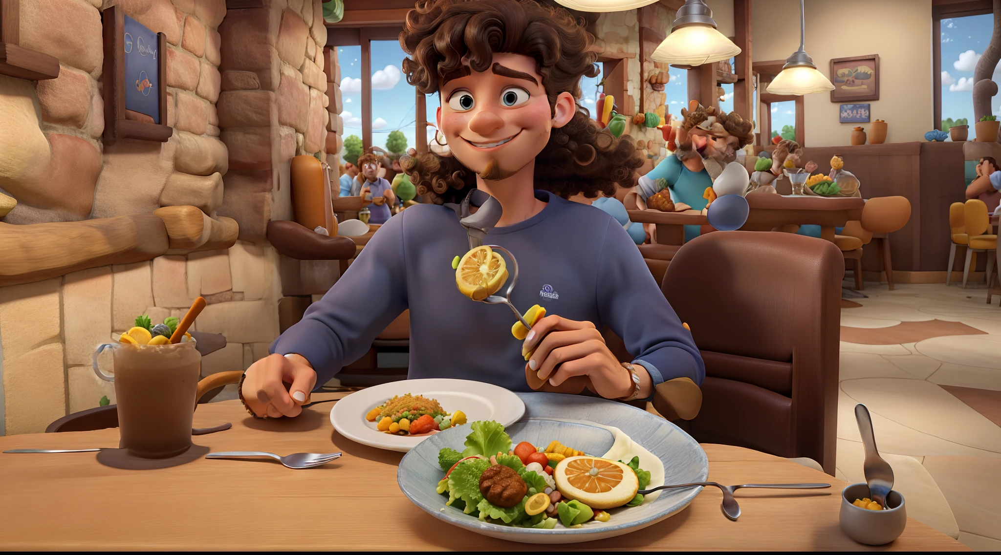 Disney pixar 3d film style, a white boy with curly hair, with a slight smile at the camera. In a restaurant, eating a salad with the fork in your mouth, high quality, best quality