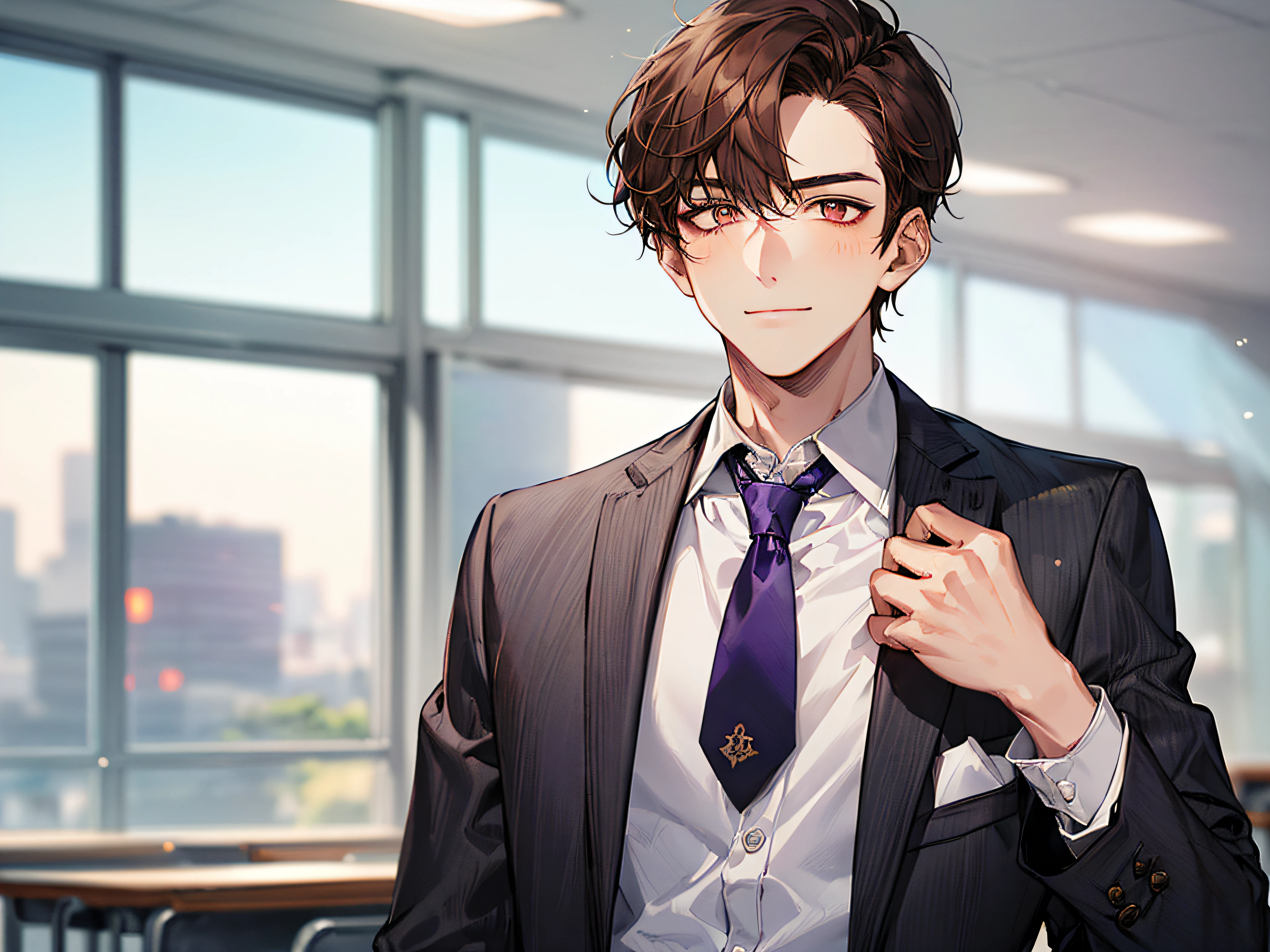 (((((soio)))),24-year-old boy, Warm skin, Pupil Purple, Mature Face, head portrait, Brown hair, Short hair, Facial Focus, Adult, Business Suit, Jacket, White shirt, tie, Pants, Best Quality, Facial details.,‎Classroom,