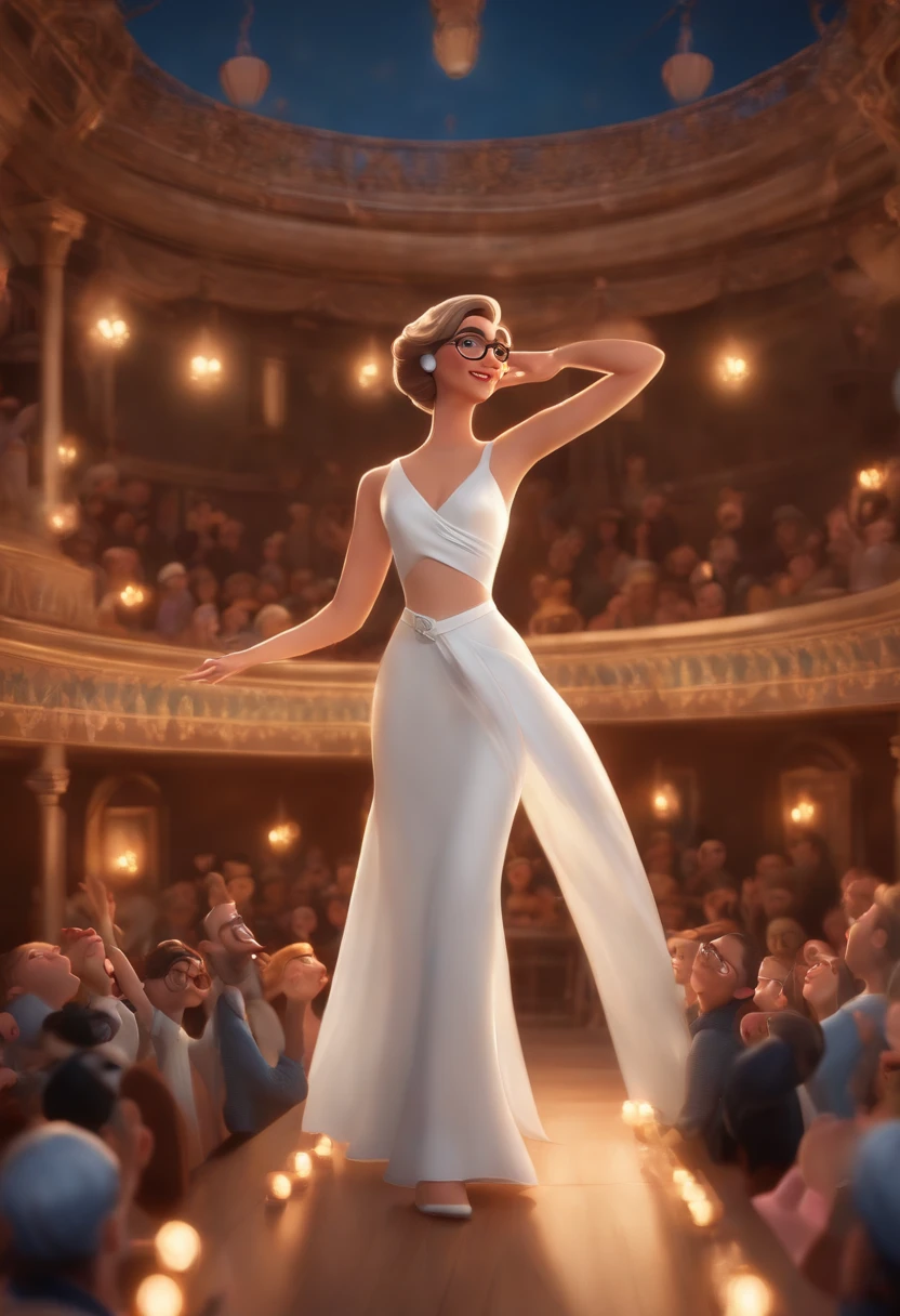 "(best quality,ultra-detalhado,Realistic:1.37),3D rendering,illustration,design de personagens,cabelos curtos e cacheados escuros,belos olhos detalhados,wearing white glasses,Estilo Pixar,morena mulher,Dancing on the Disney stage,atmosfera animada,vivid colors,luzes de palco,expression joyful"