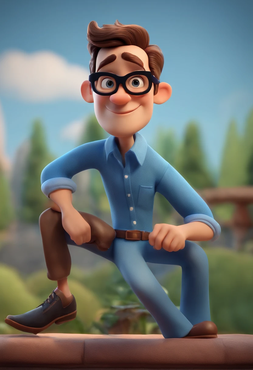 Cartoon character of a man wearing black glasses and a blue shirt, um personagem animado, Caractere estilizado, animation style rendering, 3D estilizado, Arnold Maya render, 3 d render stylized, toon render keyshot, Personagem 3D, Personagem 3D, 3d rendering stylized, 3 d character render, personagem de desenho animado, Personagem de close up, Pose de personagem, (Estilo Pixar) (master part:1.2) (Bokeh) (best quality) (pele detalhada) (textura detalhada) (8k) (argila) (Cinematic lighting) (foco nítido