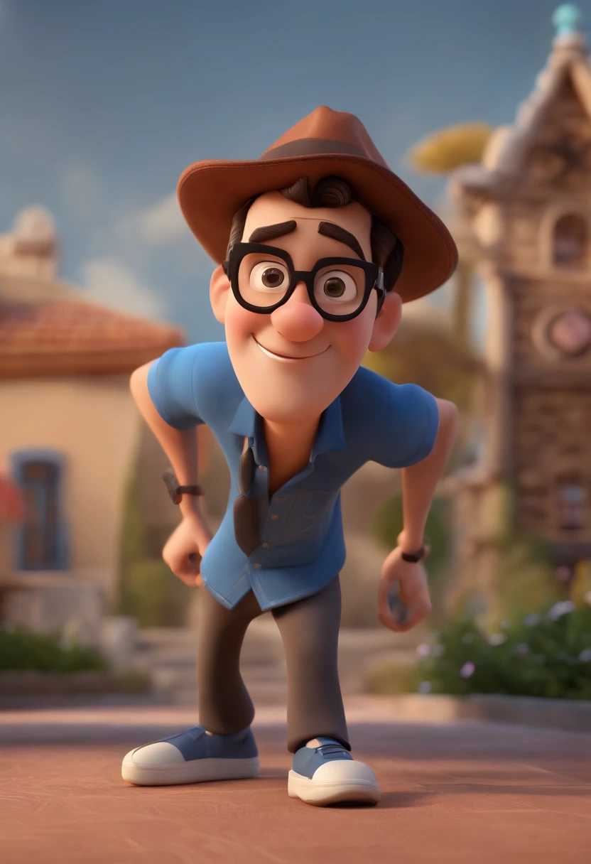 Cartoon character of a man wearing black glasses and a blue shirt, um personagem animado, Caractere estilizado, animation style rendering, 3D estilizado, Arnold Maya render, 3 d render stylized, toon render keyshot, Personagem 3D, Personagem 3D, 3d rendering stylized, 3 d character render, personagem de desenho animado, Personagem de close up, Pose de personagem,  (Estilo Pixar) (master part:1.2) (Bokeh) (best quality) (pele detalhada) (textura detalhada) (8k) (argila) (Cinematic lighting) (foco nítido
