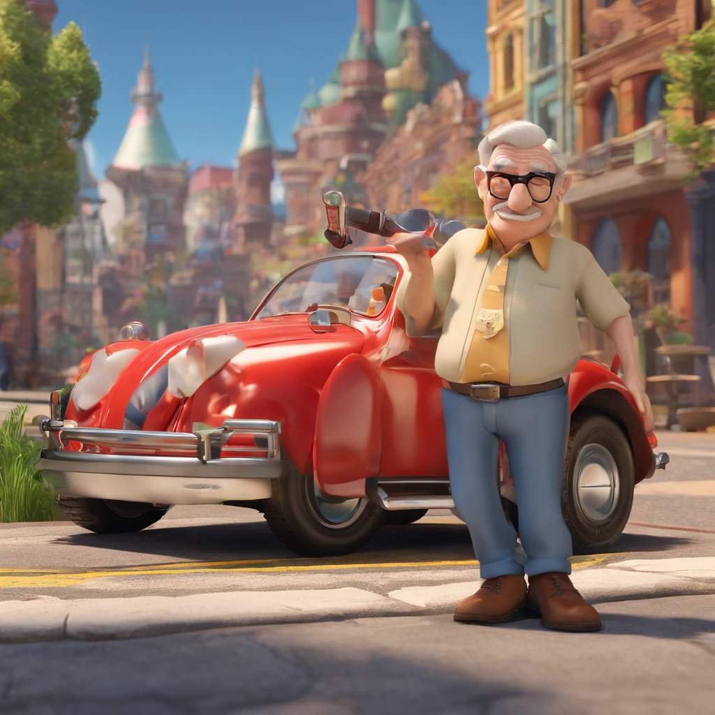 Generate a Disney Pixar style image of an elderly man, bald, square glasses, white beard with a little, dressed in jeans and a rock band t-shirt next to a Volkswagen Beetle with the image of a city in the background