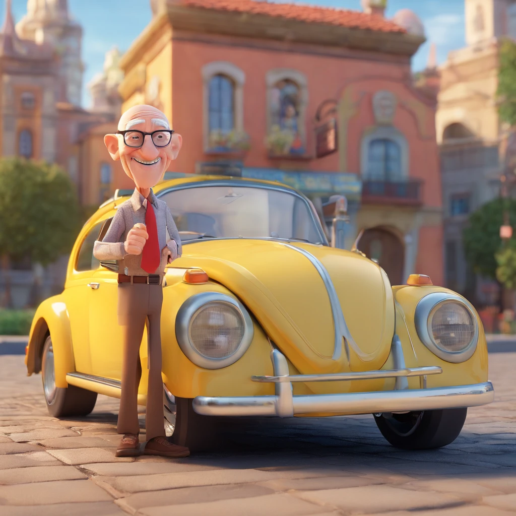 Generate a Disney Pixar style image of an elderly man, bald, square glasses, white beard with a little, dressed in jeans and a rock band t-shirt next to a Volkswagen Beetle with the image of a city in the background