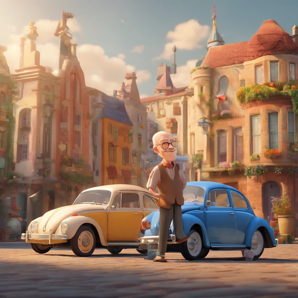 Generate a Disney Pixar style image of an elderly man, bald, square glasses, white beard with a little, dressed in jeans and a rock band t-shirt next to a Volkswagen Beetle with the image of a city in the background