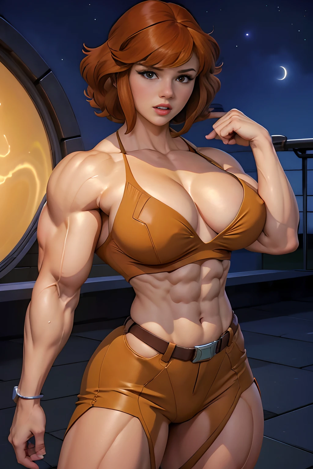Cowboy shot, April O'Neill, 1980s \(style of\), 1girl, Very muscular girl, brown hair, orange hair, retro artstyle, Short hair, nude body, , big_TITTIES, huge muscles, wide hips, cleavage, night city background, hypermuscles, Torpedo boobs, Protruding Breasts, large pectoral muscles, Abs,