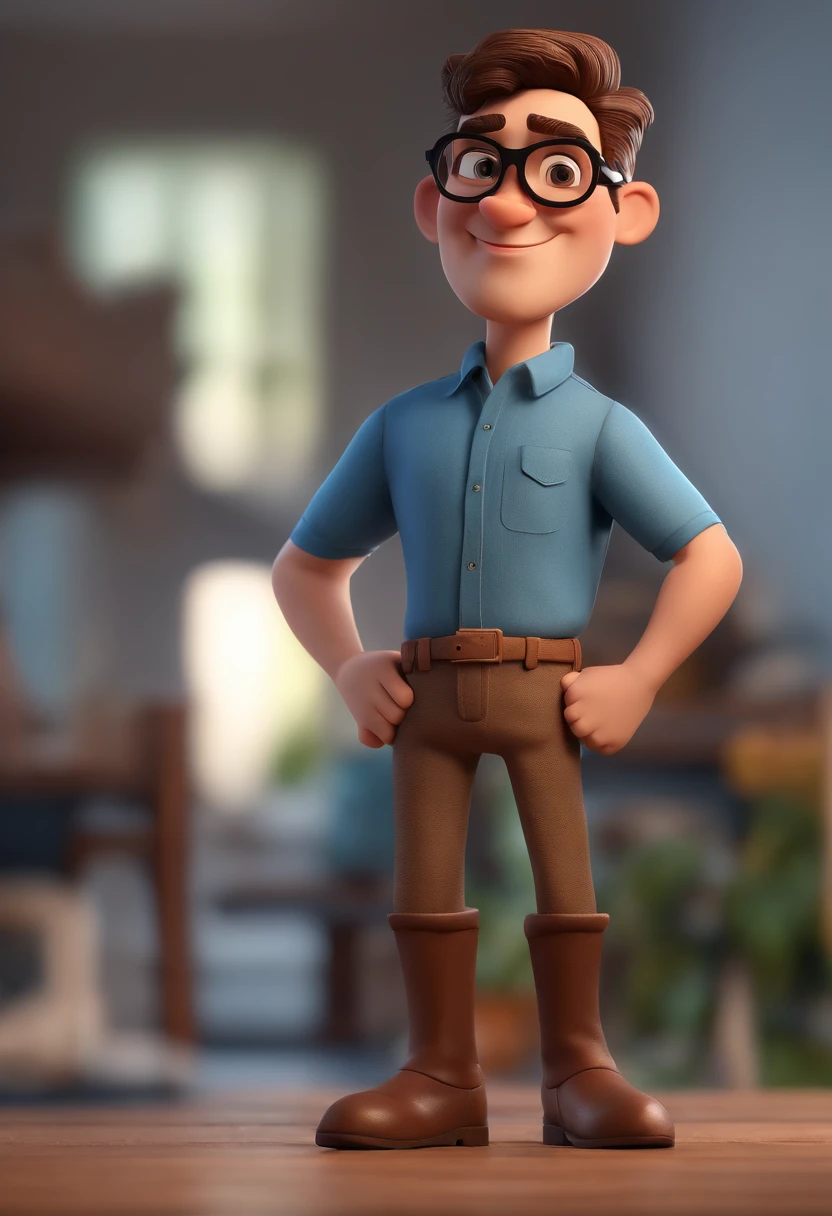 Cartoon character of a man with black glasses and a blue shirt, animation character, Caractere estilizado, animation style rendering, 3D estilizado, Arnold Maya render, 3 d render stylized, toon render keyshot, Personagem 3D, Personagem 3D, 3d rendering stylized, 3 d character render, personagem de desenho animado, Personagem de close up, Pose de personagem,  (Estilo Pixar) (master part:1.2) (Bokeh) (best quality) (pele detalhada) (textura detalhada) (8k) (argila) (Cinematic lighting) (foco nítido