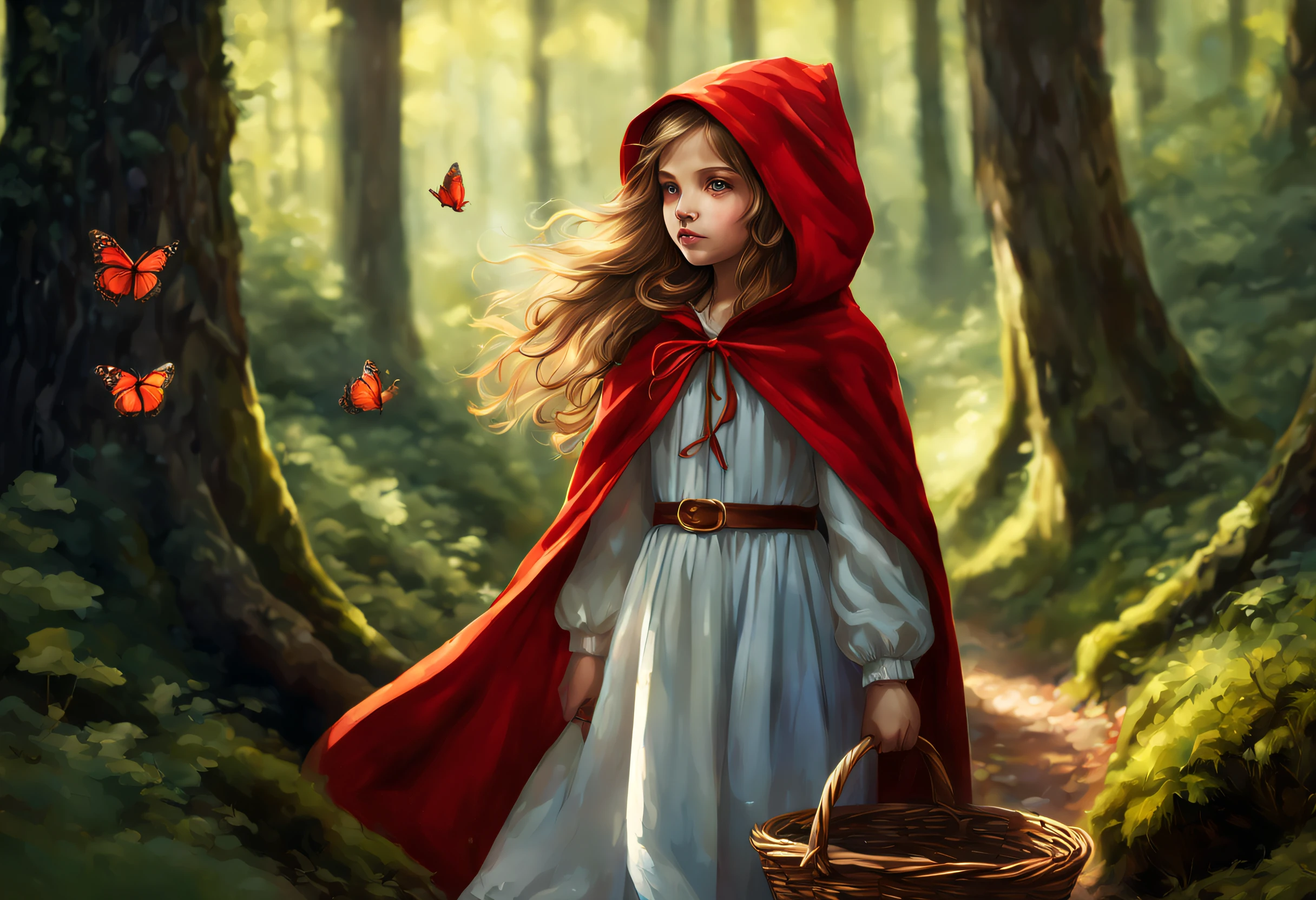 A girl in a forest,medium,detailed,walking through the trees,lush greenery,beautiful sunlight filtering through the leaves,moss-covered ground,gentle breeze,whispering of the wind,enchanted atmosphere,storybook feel,wonder and mystery,faint sound of a babbling brook,butterflies fluttering around,playful squirrels jumping from branch to branch,little red riding hood with a red hooded cape,flowing dress,innocent expression,bright blue eyes,long flowing hair,holding a basket of goodies,wolf walking beside her,large and intimidating,dark fur,sharp eyes,quietly following her,curiosity and anticipation,contrast between their appearances,different motivations and intentions,contrast between light and darkness,best quality,highres,ultra-detailed,realistic style,vibrant colors,soft warm color tone,sunlit patches of the forest,subtle shadows and highlights,natural and realistic lighting.