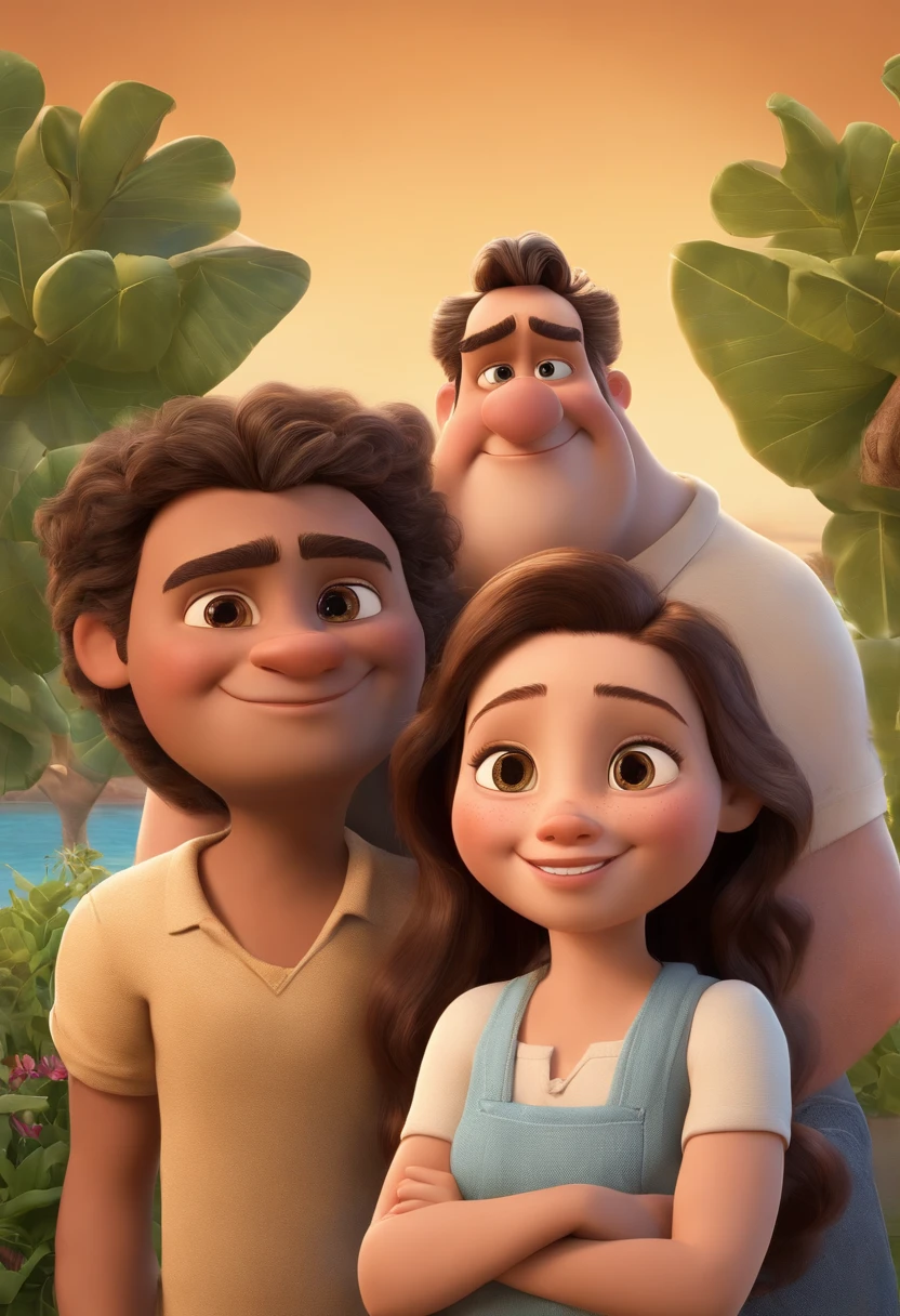 a Disney Pixar movie poster showing a white-skinned family. The father is the tallest a little overweight , Tem barba grande , cabelo castanho , cabelos curtos e espinhosos. Mom has light brown eyes , shoulder-length black hair and is slightly overweight. O menino tem 7 anos e cabelos castanhos claros , roupa azul . The background is a beach garden. 3D-rendering