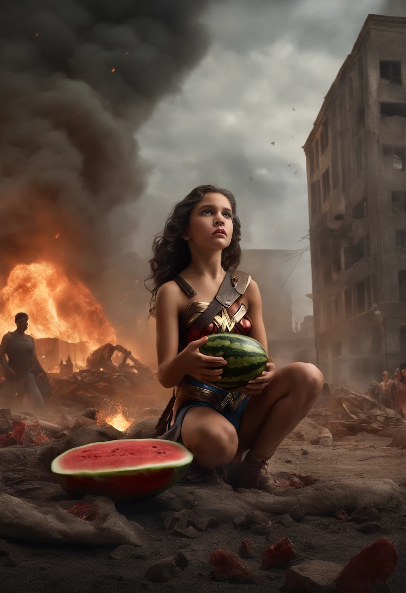 A very realistic depiction of Dol Gadot's Wonder Woman with , eating watermelon, ((dry teardrops)),((background of destroyed city, fire, ((human corpses on the ground)), several people crying, destroyed buildings) ), holding a watermelon, (((he eats the watermelon ))), very detailed, dynamic colors, black and gray colors, super emotional picture, with a very dark background and surrounded by swirling dark smoke. The image should be in a beautiful 16:9 format.”