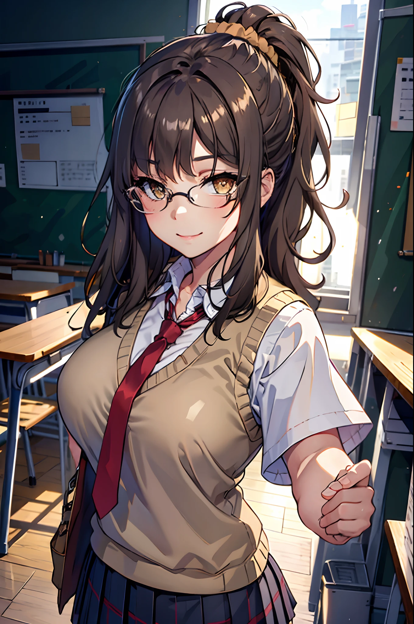 riofutaba, highres, highest quallity, illustration,  ultra detailed, (detailed face), (detailed eyes), soft lighting, best quality, hyper detailed, masterpiece, 1girl, solo, outfit2, ashe brown hair, ponytail, scrunchie, brown eyes, sweater vest, beige vest, white shirt, short sleeved shirt, pleated skirt, red necktie,  luminous eyes, large breasts, (colorful), upper body, smile, indoors, classroom, looking at viewer