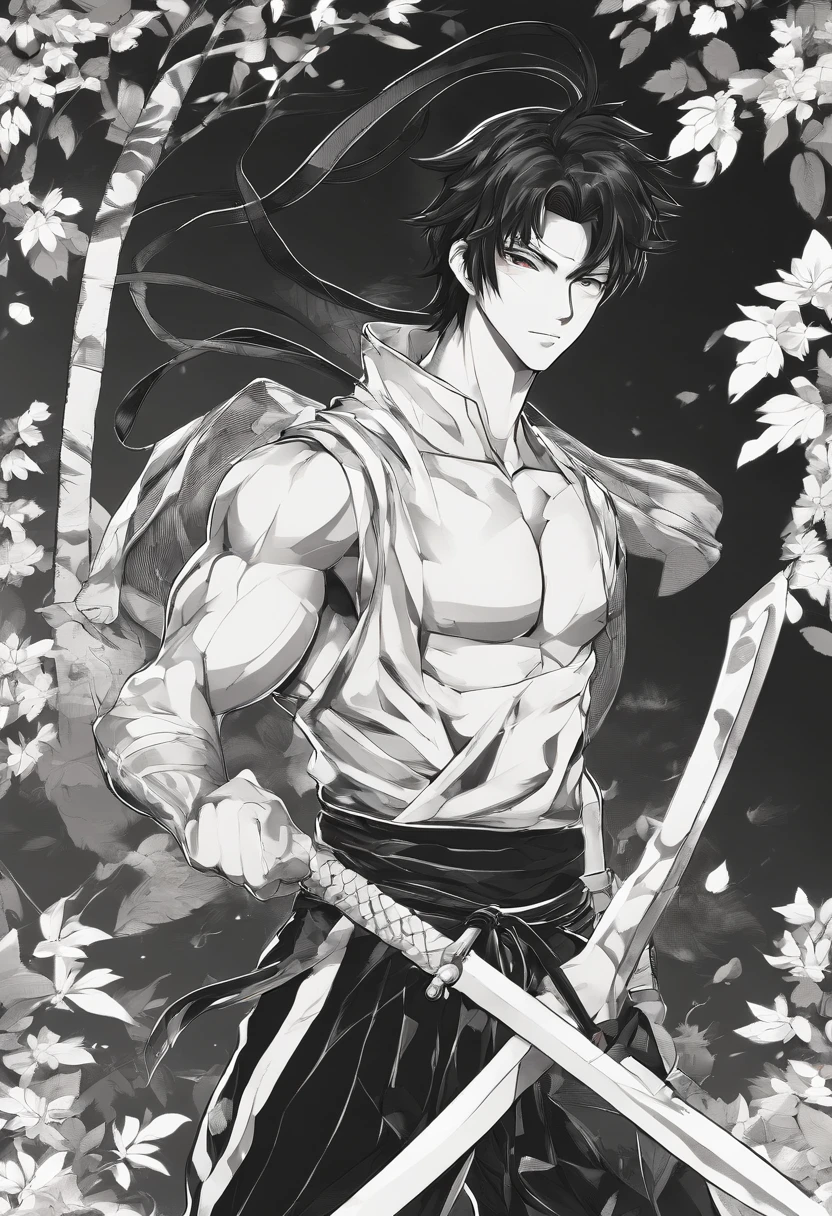 Male character with far black hair, black eyes, muscular body, 14 years old, all black outfit in the forest, he is ninja type