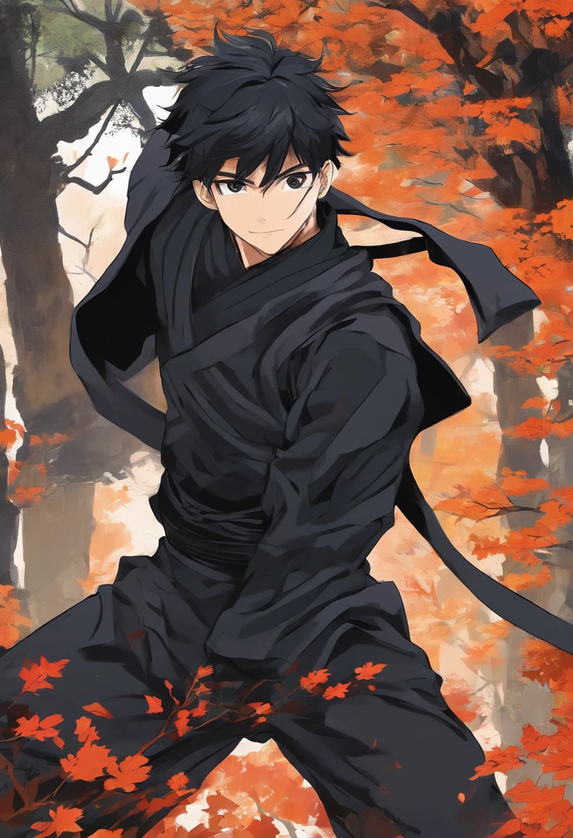 Male character with far black hair, black eyes, muscular body, 14 years old, all black outfit in the forest, he is ninja type