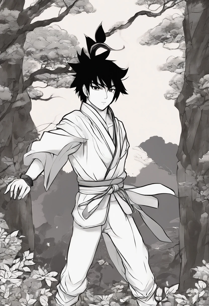 Male character with far black hair, black eyes, muscular body, , all black outfit in the forest, he is ninja type
