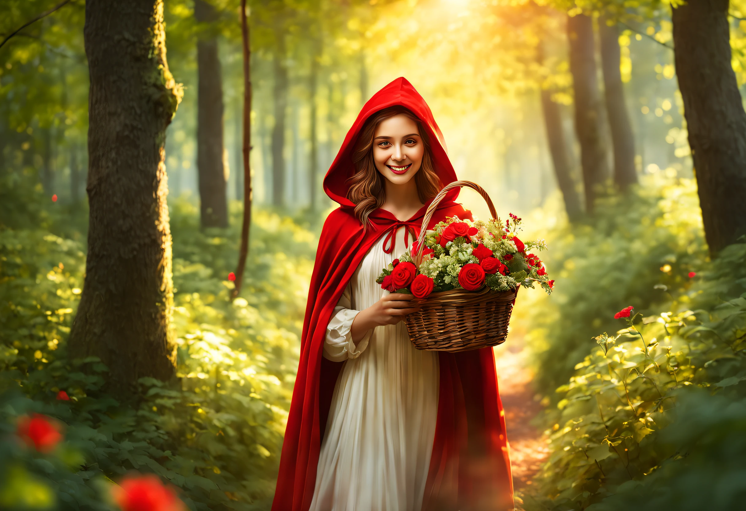 A girl in a red hood,walking in the forest,holding a basket with fruits and bread,carrying a small flower bouquet,laughing,with a gentle smile,playful eyes,walks in solitude in a fairy tale-like forest,with vibrant colors,illuminated by soft sunlight,bathed in a warm, golden glow,creating a dreamy and magical atmosphere,dressed in a red cape and a white dress,with a pattern of red flowers,having a serene expression on her face,surrounded by tall,green trees,with rays of sunlight filtering through the leaves,creating a beautiful interplay of light and shadow,showcasing various shades of green,giving a feeling of tranquility and serenity,conveying a sense of mystery and enchantment,as she walks towards a cozy cottage with a thatched roof and colorful flowers,emitting a warm and inviting glow,all in a realistic and detailed art style,with ultra-fine painting techniques,depicting every strand of hair and intricate details of the forest,creating a high-quality, 4K resolution masterpiece.