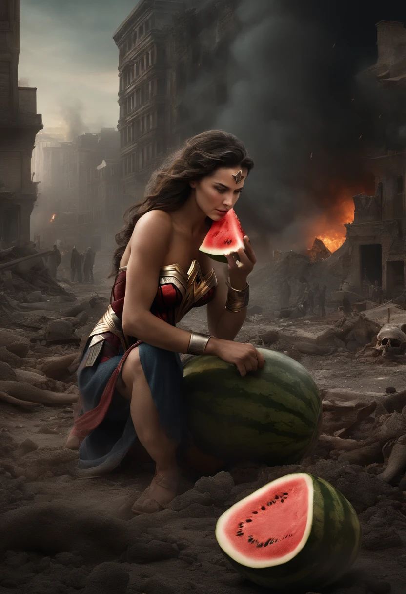 A very realistic depiction of Dol Gadot's Wonder Woman with little girl, eating watermelon, ((dry teardrops)),((background of destroyed city, fire, ((human corpses on the ground)), several people crying, destroyed buildings) ), holding a watermelon, (((he eats the watermelon ))), very detailed, dynamic colors, black and gray colors, super emotional picture, with a very dark background and surrounded by swirling dark smoke. The image should be in a beautiful 16:9 format.”