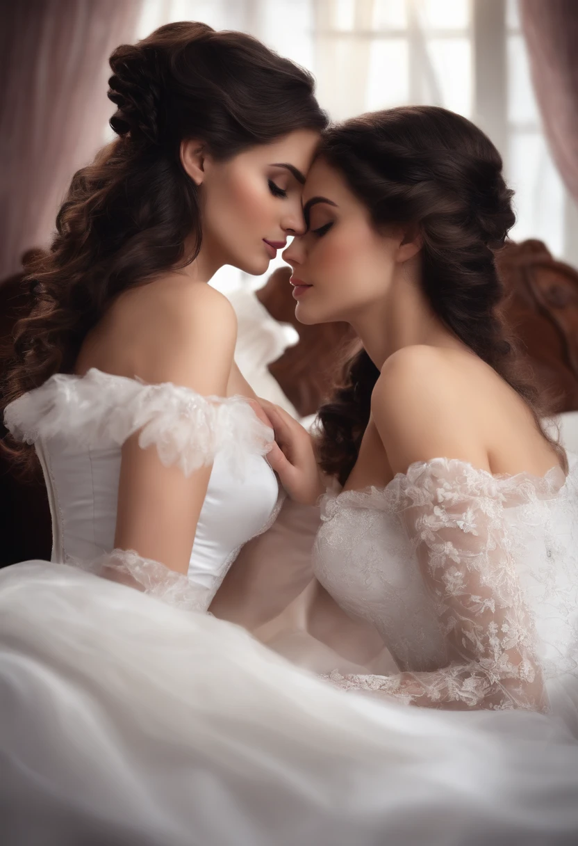 girls loving each other, about to kiss, realistic, maid white and black dress, bed, hot