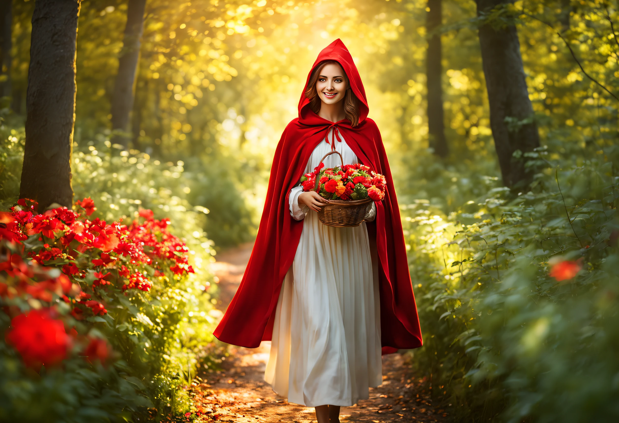 A girl in a red hood,walking in the forest,holding a basket with fruits and bread,carrying a small flower bouquet,laughing,with a gentle smile,playful eyes,walks in solitude in a fairy tale-like forest,with vibrant colors,illuminated by soft sunlight,bathed in a warm, golden glow,creating a dreamy and magical atmosphere,dressed in a red cape and a white dress,with a pattern of red flowers,having a serene expression on her face,surrounded by tall,green trees,with rays of sunlight filtering through the leaves,creating a beautiful interplay of light and shadow,showcasing various shades of green,giving a feeling of tranquility and serenity,conveying a sense of mystery and enchantment,as she walks towards a cozy cottage with a thatched roof and colorful flowers,emitting a warm and inviting glow,all in a realistic and detailed art style,with ultra-fine painting techniques,depicting every strand of hair and intricate details of the forest,creating a high-quality, 4K resolution masterpiece.