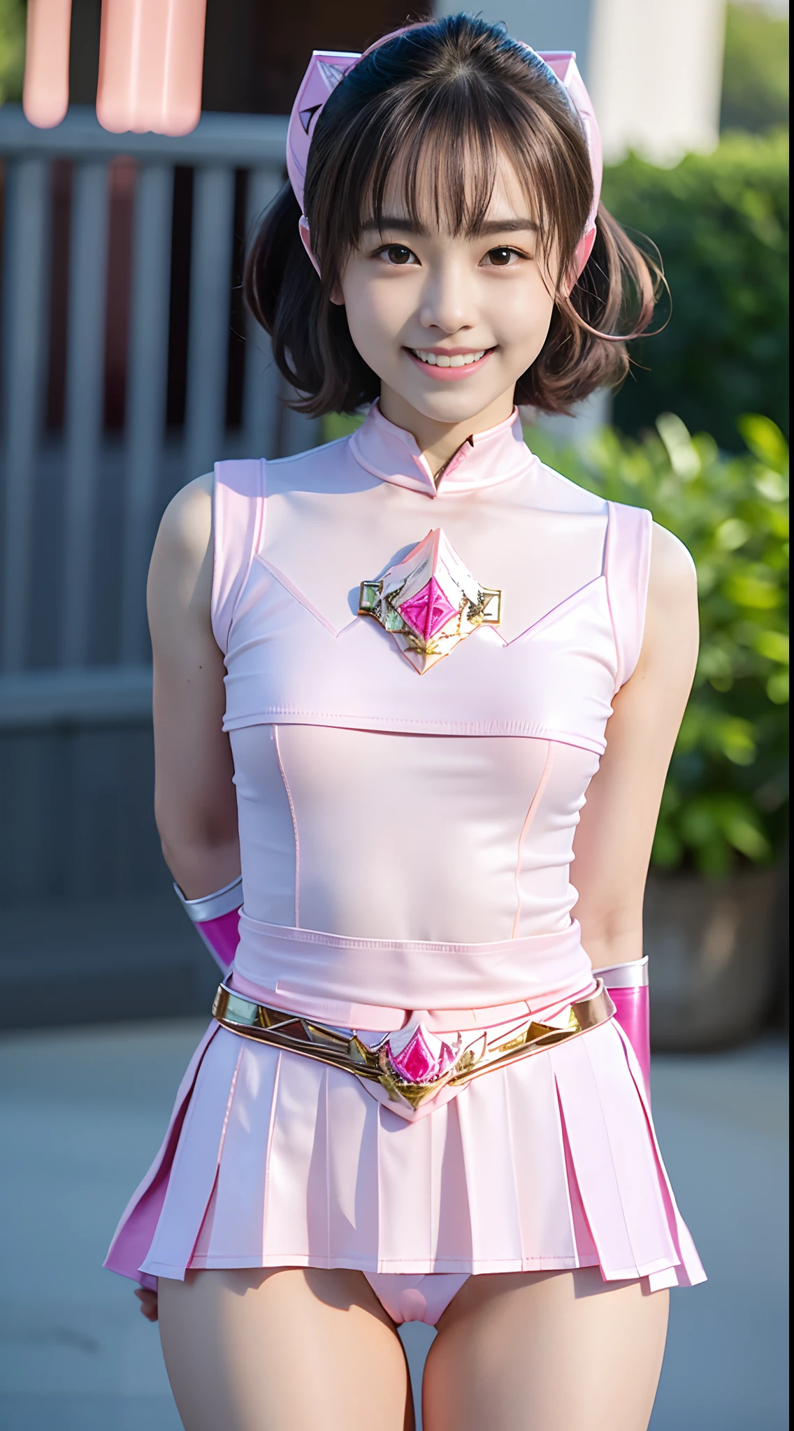a closeup, ​masterpiece, top-quality, FULL ANATOMY、Raw foto, Photorealsitic、(Cute little face:1.7)、(Very cute smile:1.8)、(with round face:1.8)、(She has a cute face like an idol、double tooth:1.3), A dark-haired、(Pink Ranger:2), depth of fields, hight resolution, ultra-detailliert, finely detail, ighly detailed, extremely detailed eye and face, Realistic pupils, foco nítido, Cinematic lighting、Big Bust、19-year-old woman、(One lady、独奏:1.3)、sexy  pose、 bob cuts、Curly hair、Patsun bangs、Very detailed 8k wallpaper、(Plaid pleated skirt)、Show me your whole body、is standing、Angle from below、(Thigh close-up、Nice figure、big breasts thin waist、Kubire、Cameltoe)、depth of fields、Bokeh in the background