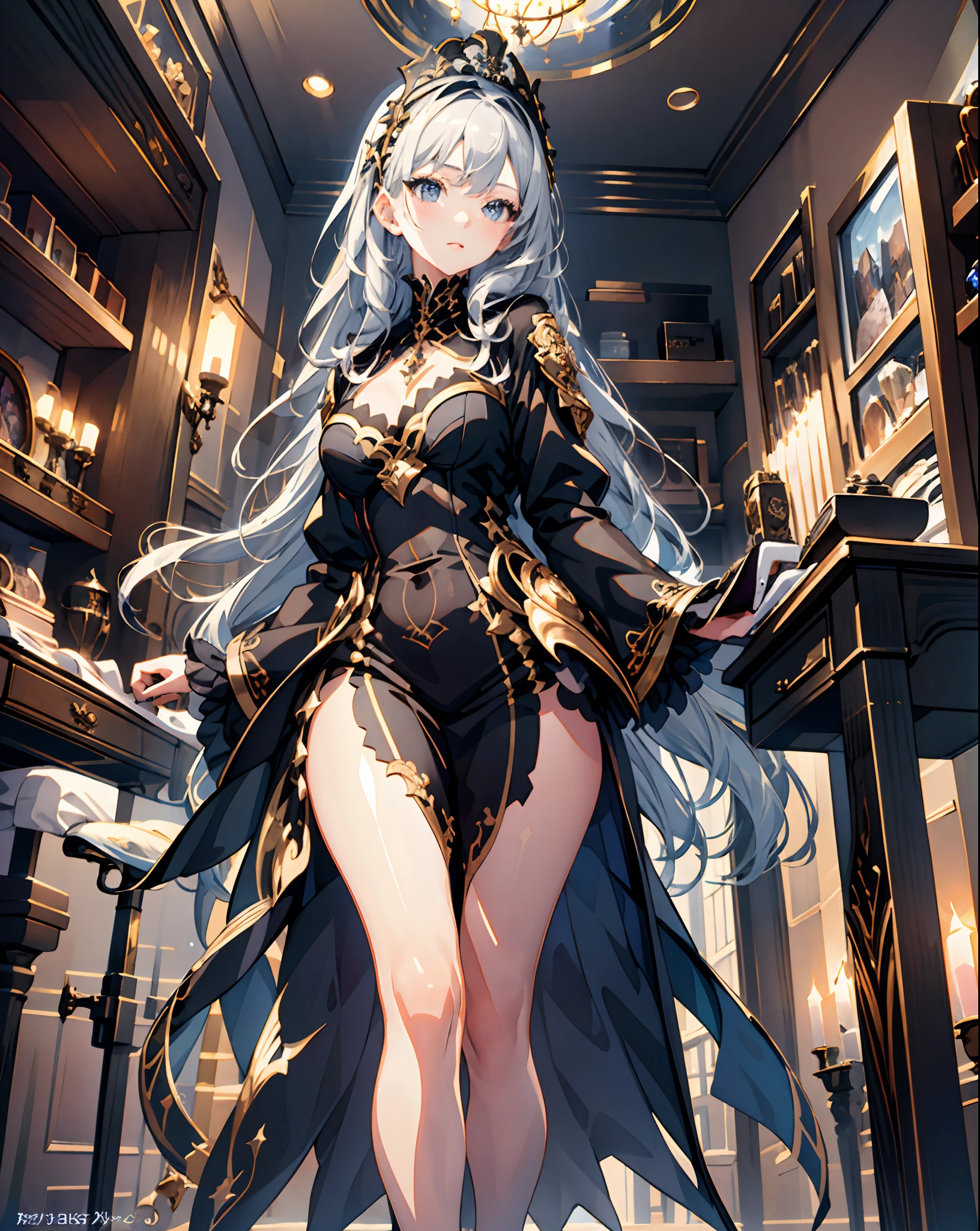 1 girl, (((ultra-detailed))), ((masterpiece)), ((illustration)), sensual, starlight saintess, black ornate dress, curvaceous woman, head veil, long silver hair, fair skin, droopy eyes, starry eyes like the night sky, bust up, facing forward