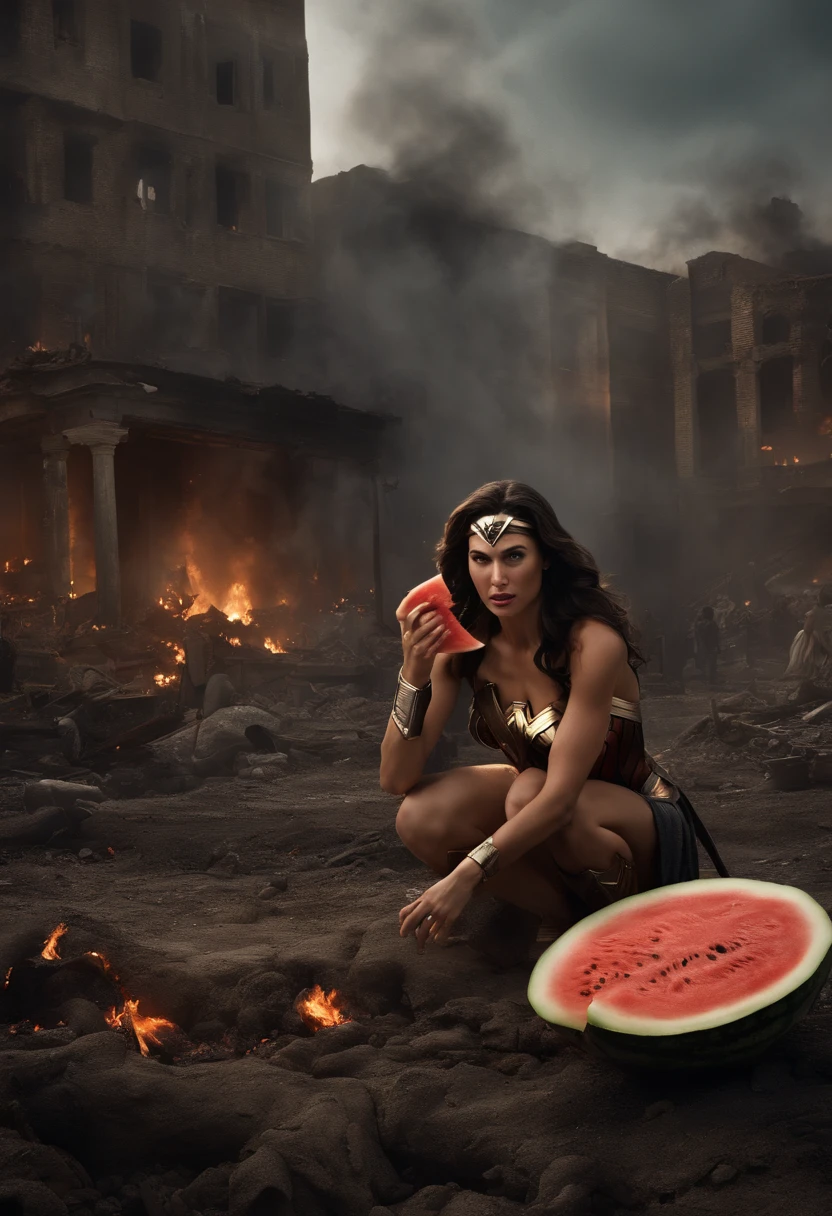 A very realistic depiction of Dol Gadot's Wonder Woman with little girl, eating watermelon, ((dry teardrops)),((background of destroyed city, fire, ((human corpses on the ground)), several people crying, destroyed buildings) ), holding a watermelon, (((he eats the watermelon ))), very detailed, dynamic colors, black and gray colors, super emotional picture, with a very dark background and surrounded by swirling dark smoke. The image should be in a beautiful 16:9 format.”