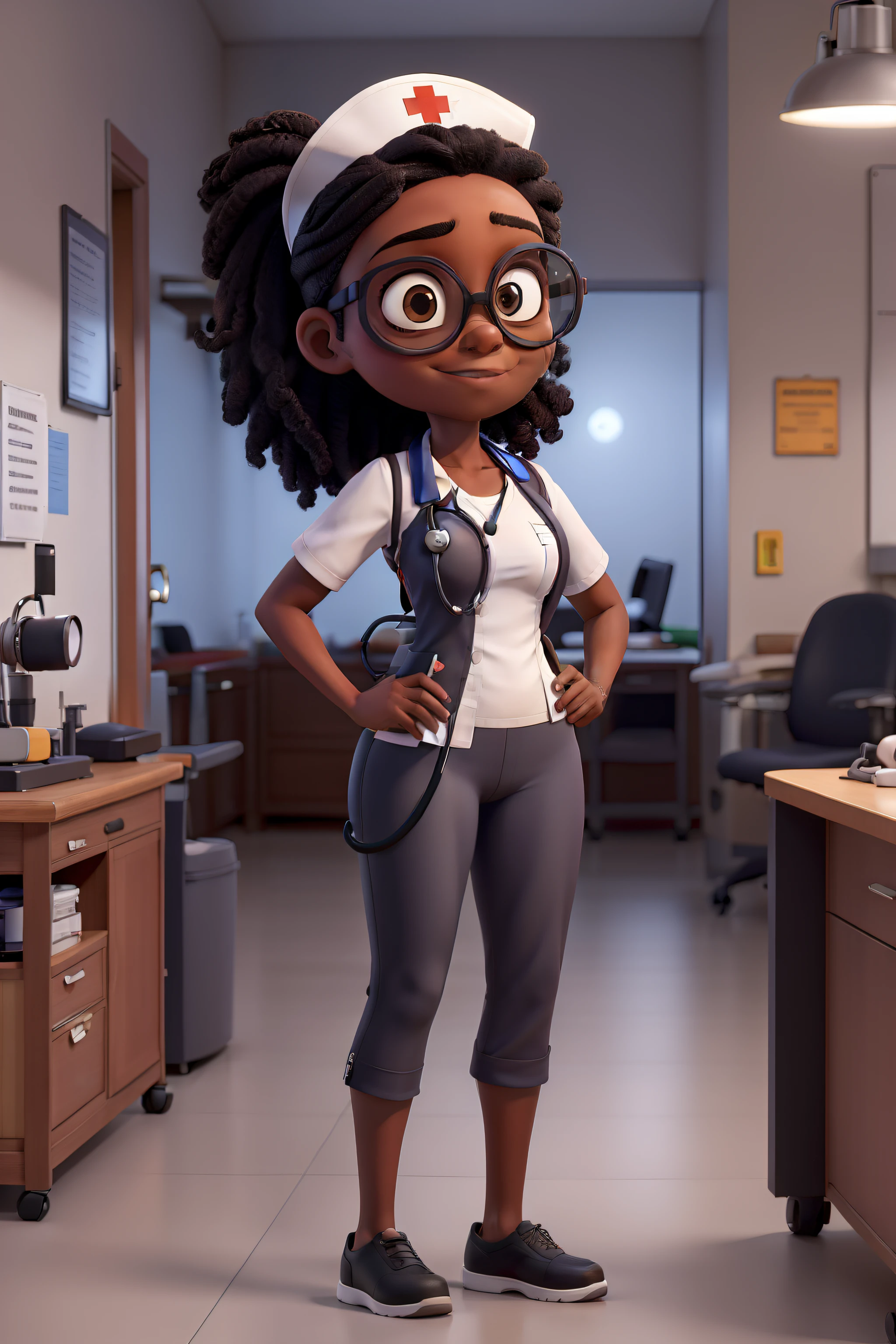 mulher magra e preta , cabelo no ombro, wearing goggles , Dressed as a nurse and with a stethoscope around her neck, standingn, Position for photo, Areias hospital is written on the back.