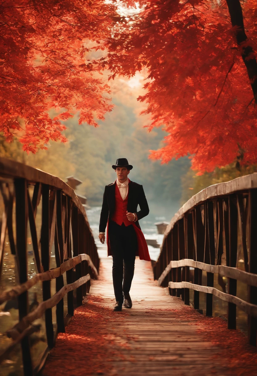 ((Masterpiece, Best Quality)), Ultra Detailed, Official Art, Unity 8k Wallpaper, Official Costume, Young Handsome Man, Solo, Perfect Face, Shiny Skin, Sparkling Pupils, Hair Pick Dyed Red, Daytime, Background is Fire Red Maple Forest, Maple Leaf, Riverside, Wooden Bridge, Aesthetic, (upper_body)